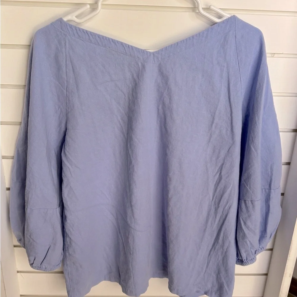 LOFT Blue Linen Puff Sleeve Blouse